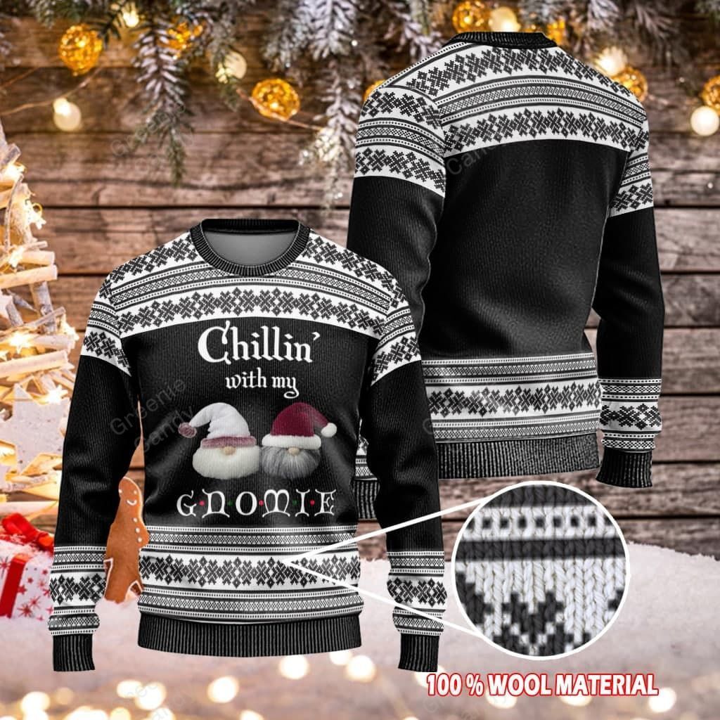 Unifinz Gnome Christmas Ugly Sweater Chilling With My Gnomie Christmas Pattern Black White Sweater 2022