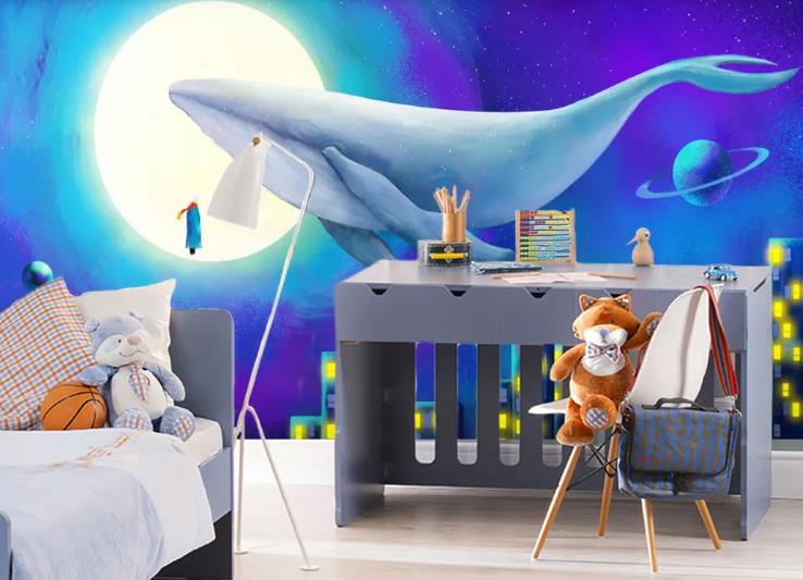 3D Hand Drawn Sky Moon Dolphin Wall Mural Wallpaper Lqh 525