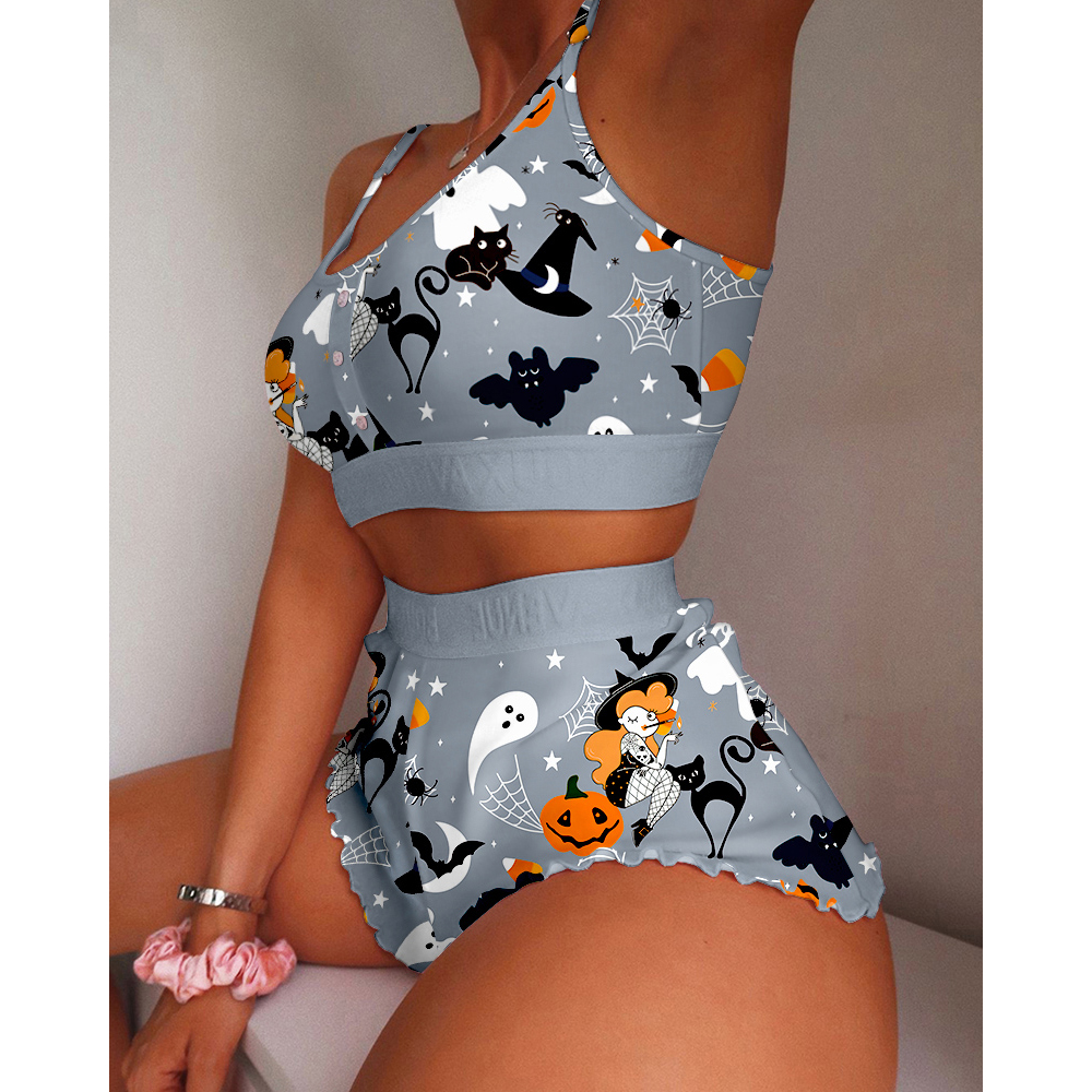 2022 Women Halloween Graphic Print Lettuce Trim Cami Set Autumn Winter Sleeveless Crop Tops Two Piece Suit Homewear Shorts Suit alx