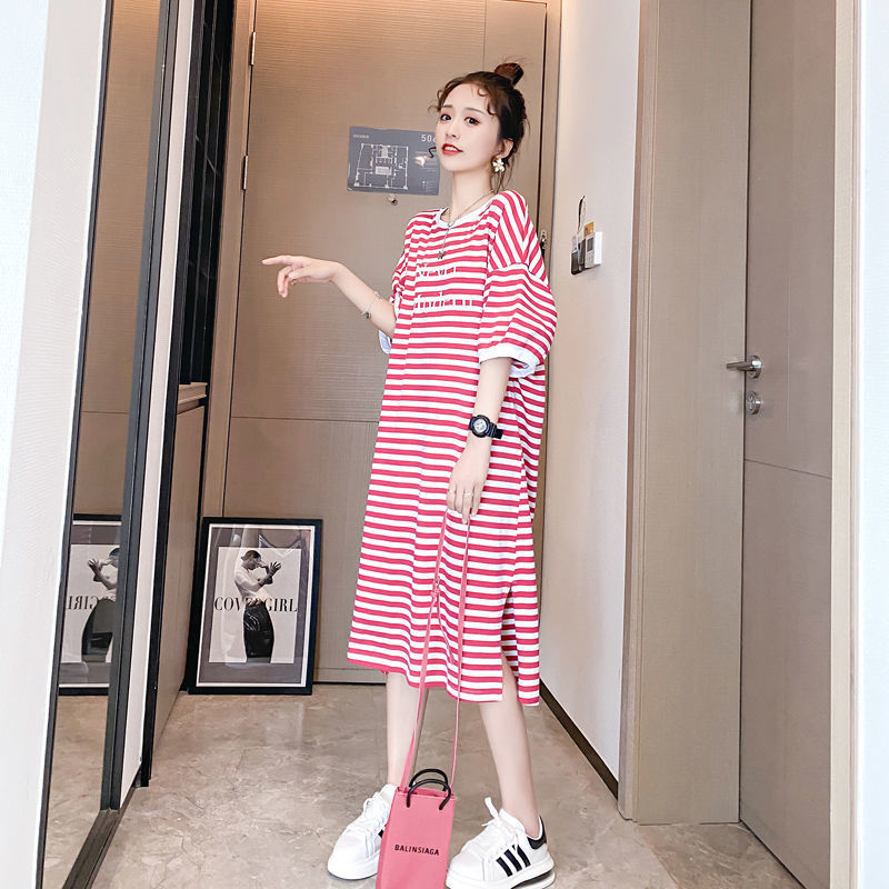 Women Nightgowns Short Sleeve Mid-calf Stylish Striped Bf Ulzzang Cozy O-neck Side-slit Casual Sleepshirts Plus Size M-3XL Chic alx