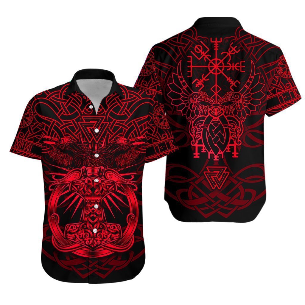 Viking Mjolnir Celtic Raven Version Red Hawaiian Shirt Pre12111