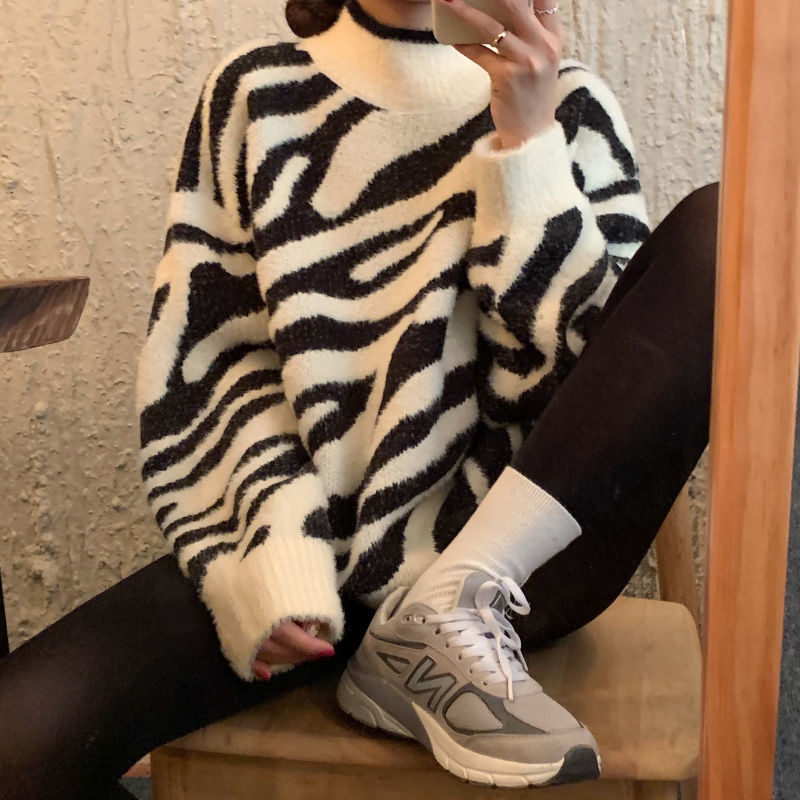 Geumxl Autumn Winter Top 2022 New Korean Zebra Print Loose Lazy Wind Pullover Warm Long Sleeve Bottomed Sweater