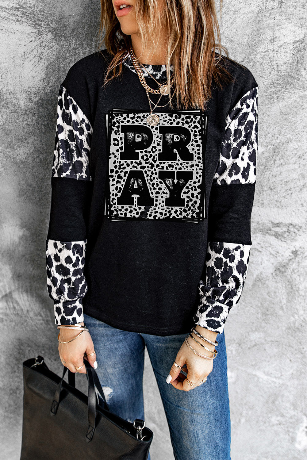 Black Letter Print Leopard Sweatshirt