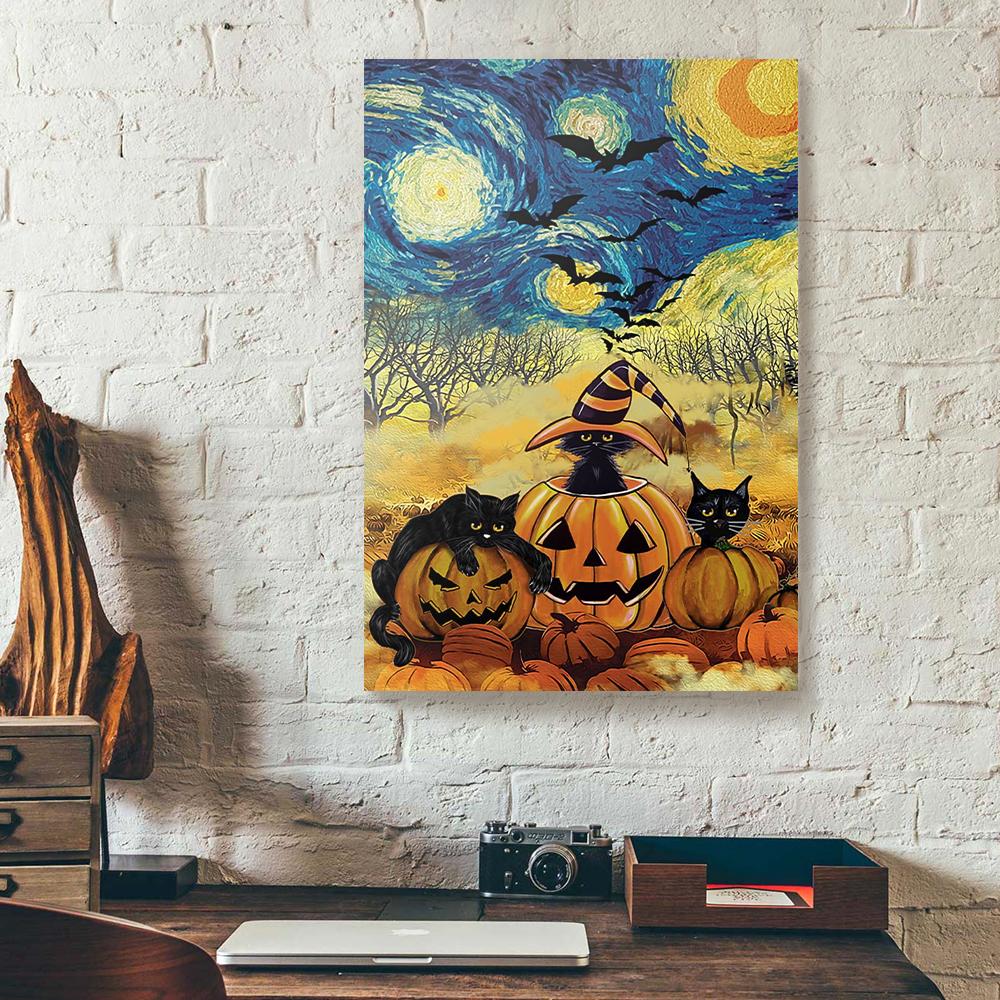 Cat Pumpkins Halloween Starry Night Canvas And Poster, Canvas Prints, My Poster Wall, Canvas Wall Art, Wall Decor Visual Art, Halloween Gift, Happy Halloween