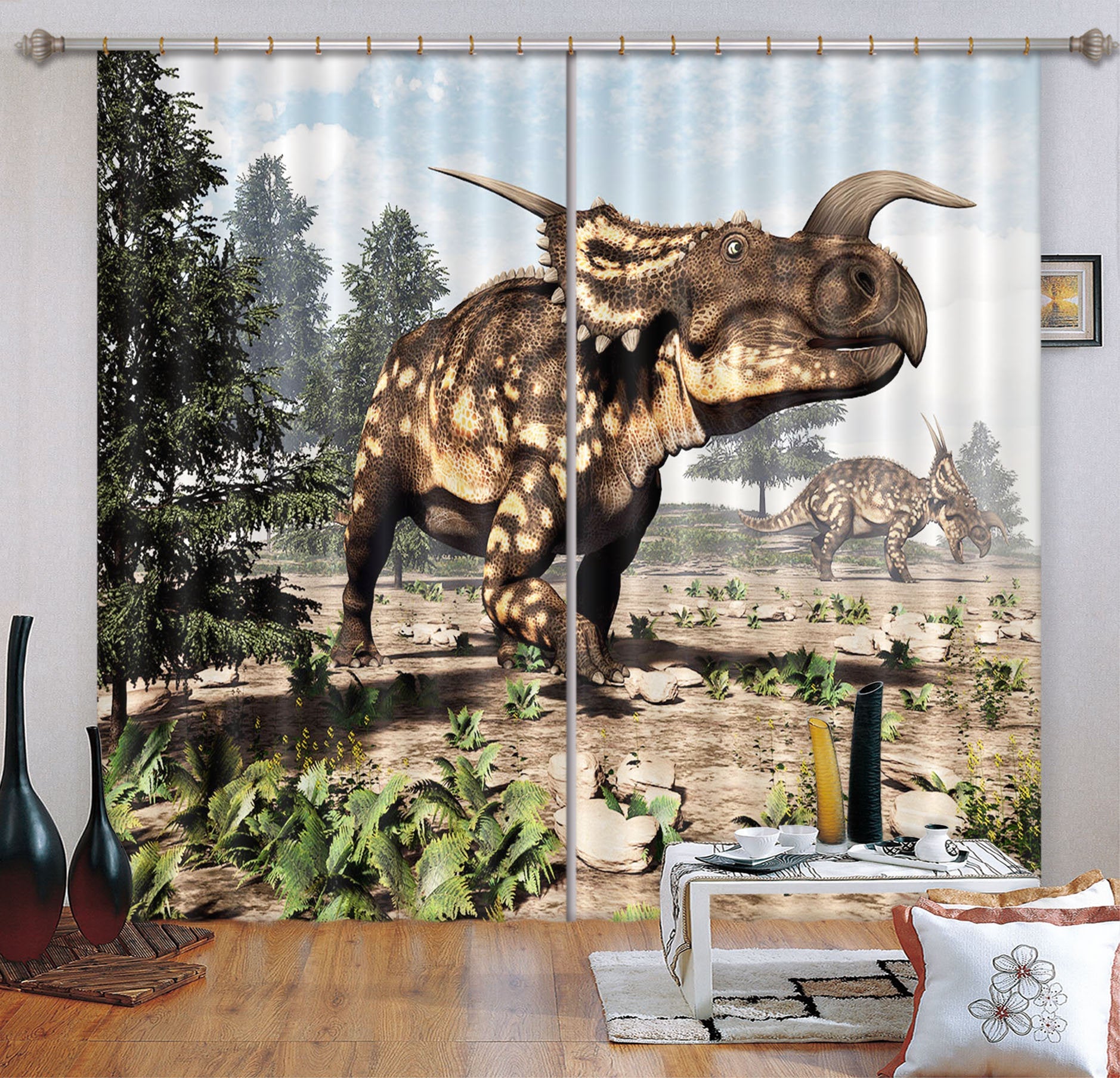 3D Dinosaur In The Forest C018 Blockout Photo Curtain Print Curtains Drapes Fabric Window | 3D Large Photo Curtain, Jess Art Decoration Wallpaper