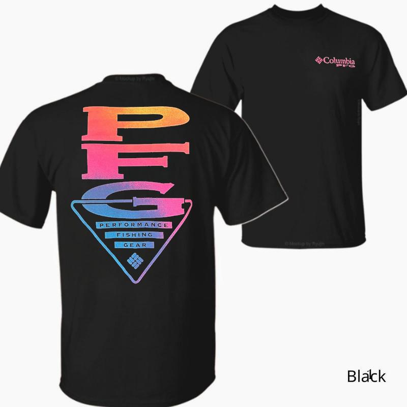 Columbia PFG T-Shirt Sunset Gradient Vertical Letters with Triangle Fishing Logo Back Print, Coastal Outdoor Angler Shirt for Men, Summer Gift Idea, Casual Cotton.