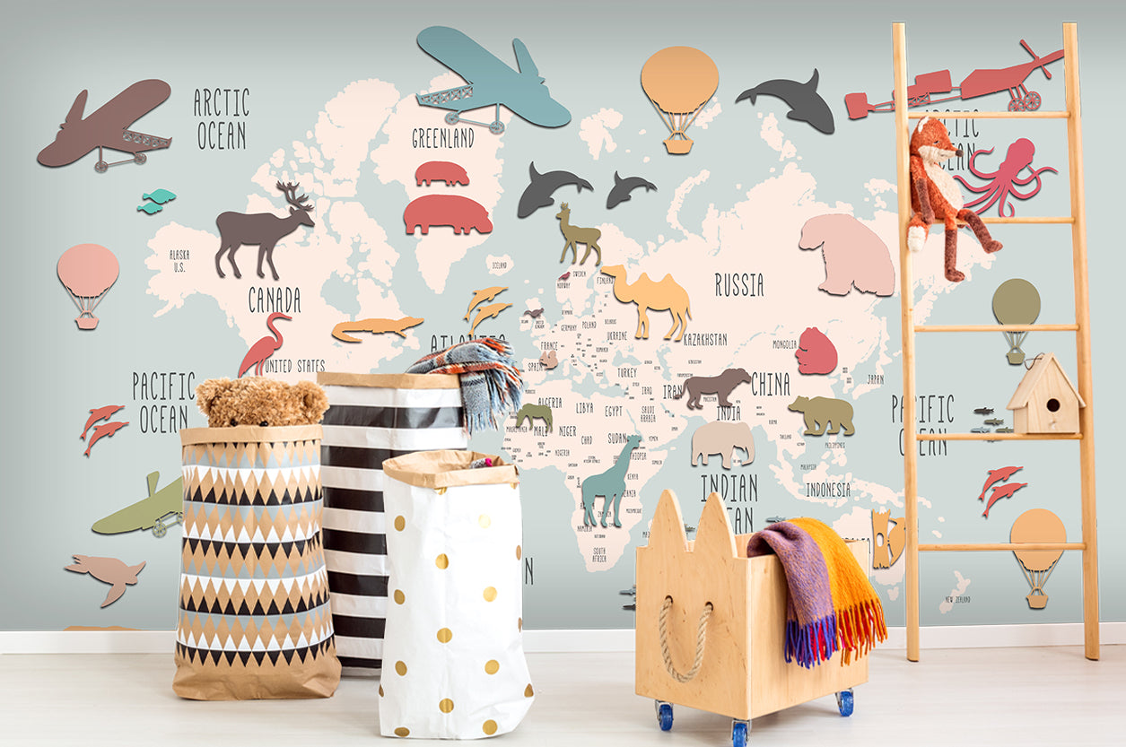 3D Cartoon Animals World Map Wall Mural Wallpaper 89 Lqh