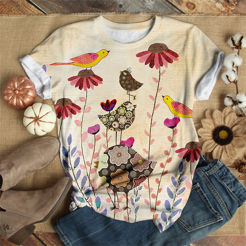 Bird Family Floral T-Shirt