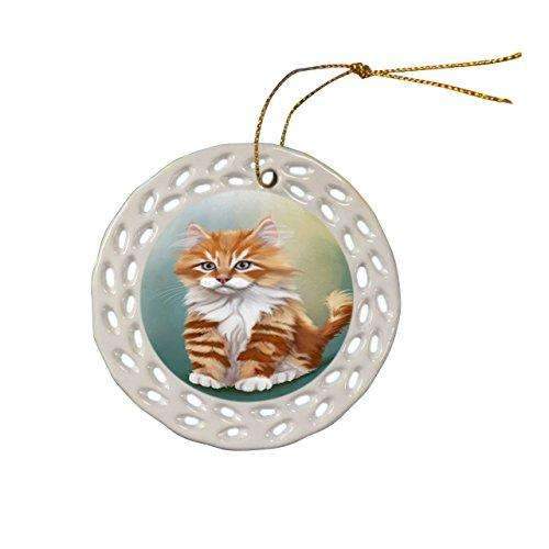 Orange And White Kitten Cat Christmas Doily Ceramic Ornament