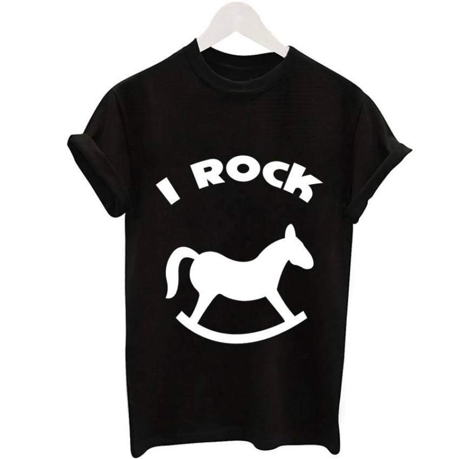 2017 Summer Fashion I Rock Horse Graphic Letter Offset Casual Hip-Hop Short Sleeve T-Shirt Black O-Tee Tee Shirt