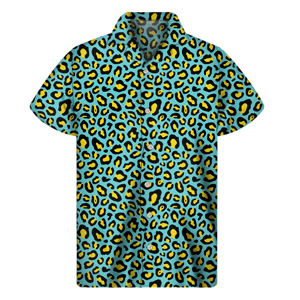 Teal And Yellow Leopard Pattern Print Men’S Short Sleeve Shirt