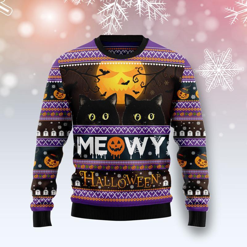 Black Cat Meowy Halloween Ugly Christmas Sweater | For Men & Women | Adult | Us5907