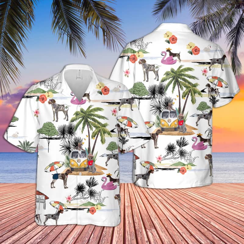 Unisex German Wirehaired Pointer Beach Hawaii Print Aloha Short Sleeve Casual Shirt Ha46748