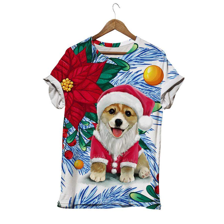 Cute Puppy Costume Santa Claus Wildflower Colorful Corgi Dog T-shirt