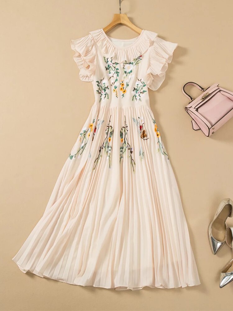 AELESEEN Runway Fashion Women Summer Dress 2022 Butterfly Sleeve V-Neck Flower Embroidery Pink Green Ruffles Pleated Elegant alx