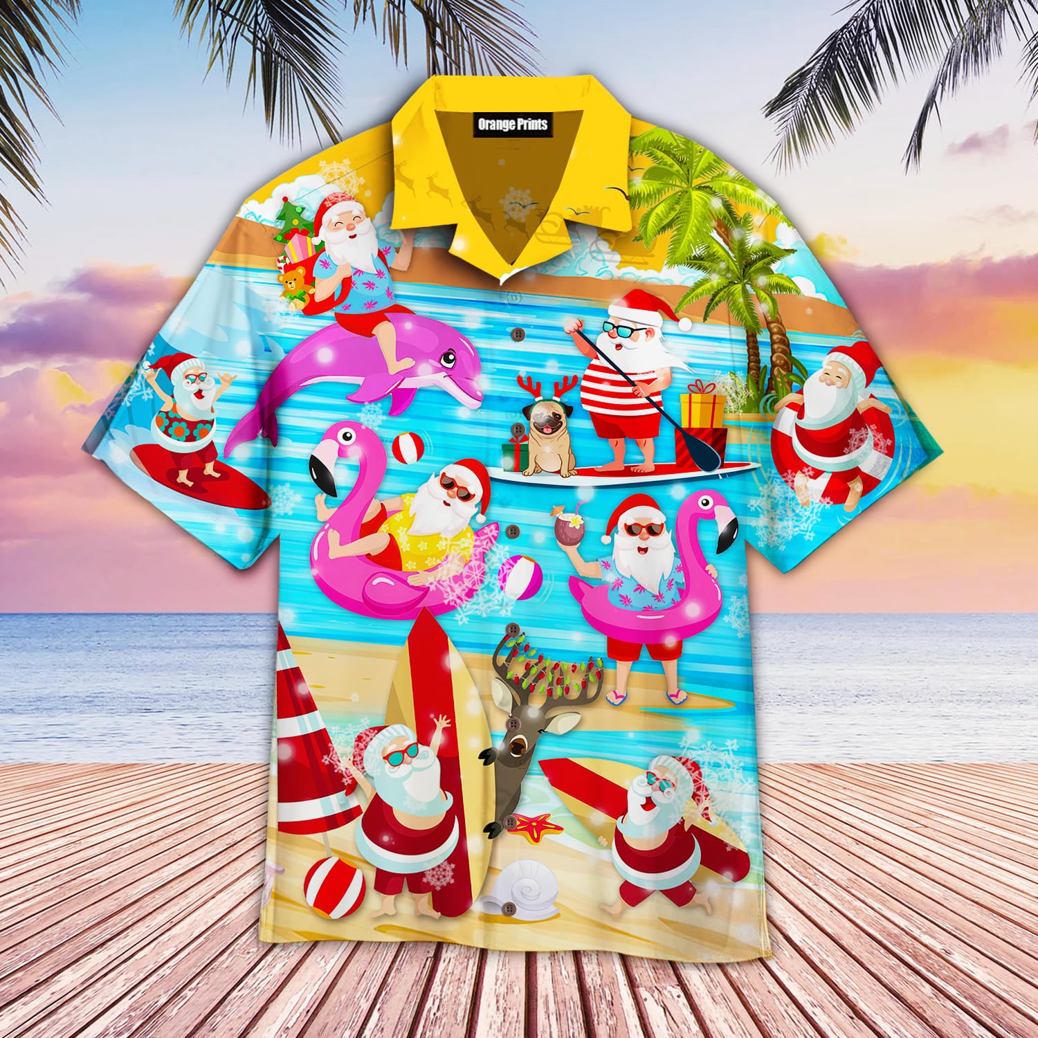 Merry Santa Surfing Dolphin On Christmas Aloha Hawaiian Shirt – All Over Print Hawaiian Shirt – Mens Hawaiian Shirt