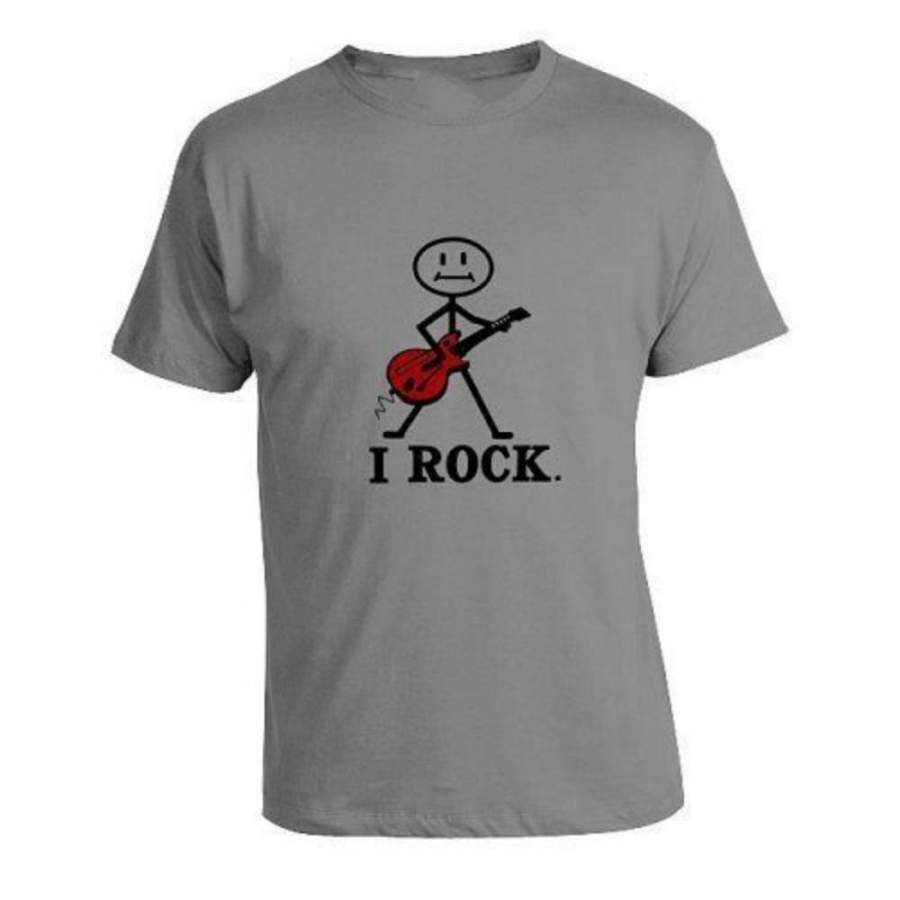 “I Rock” Guitar Black Print on Grey T-Shirt Men’s Fashion Short Sleeves Cotton Tops Clothing