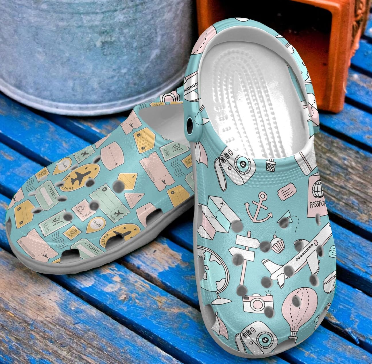 Travel Personalized Clog, Custom Name, Text, Color, Number Fashion Style For Women, Men, Kid, Print 3D Travelling Icons Blue Vr