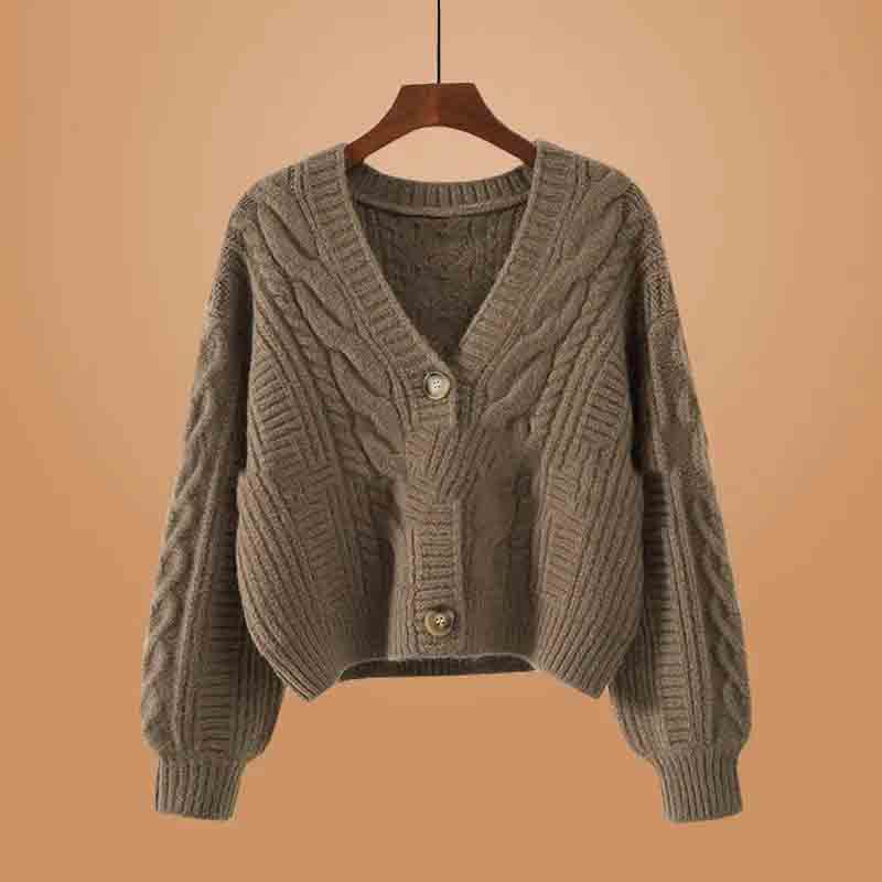 V-neck Long-sleeved Knitted Cardigan Women’s Spring And Autumn Loose Jacket Short women’s Lantern Sleeves Casual Knitted Sweater alx