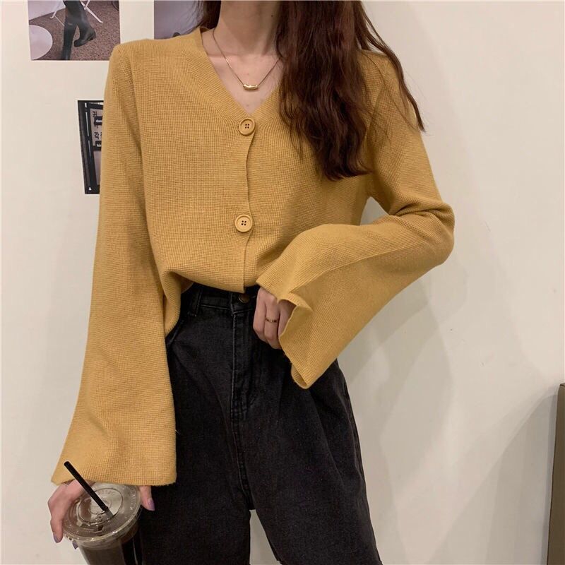 Cardigan Women V-neck Flare Sleeve Pure Elegant Baggy Slouchy Feminino Cozy Cropped Sweater Knitwear College Casual Korean Style alx