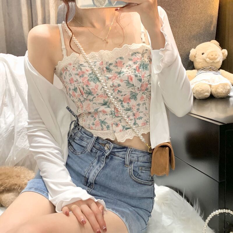 Women Sets Cropped Cardigan Floral Camisole Sun-proof Lace Thin Summer Tender Sexy Sweet Chic Holiday Slim Prairie Girlish Young alx