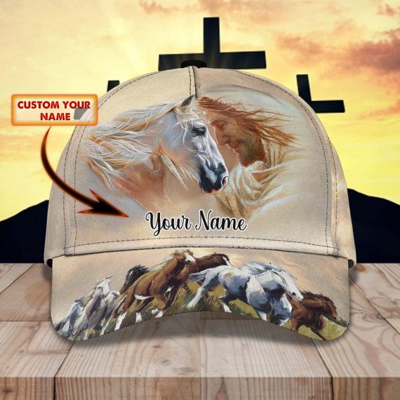 Jesus And Horse Personalized Name All Over Print Classic Cap For Horse Lovers