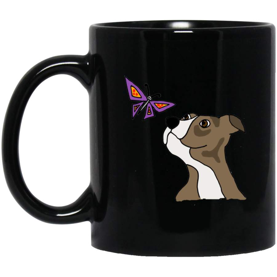 Cool Funny Grey Pitbull Puppy Dog and Butterfly Black Mug