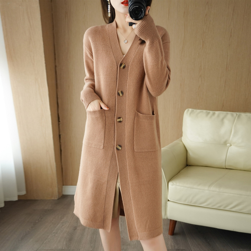 100% Wool Sweater Autumn/winter 2021 New Woman V-Neck Cardigan Korean Fashion Long Knit Tops Female Jacket Warm Coat alx