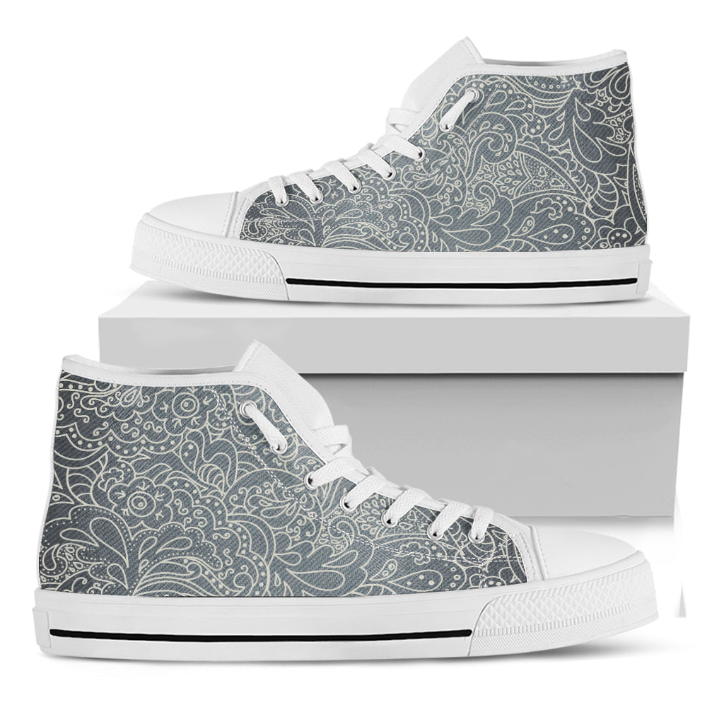 White And Grey Western Floral Print White High Top Shoes