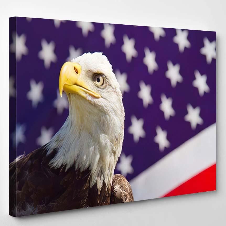 Portrait Bald Eagle American Flag Background – Eagle Animals Canvas Art Wall Decor Christmas Gift Ideas