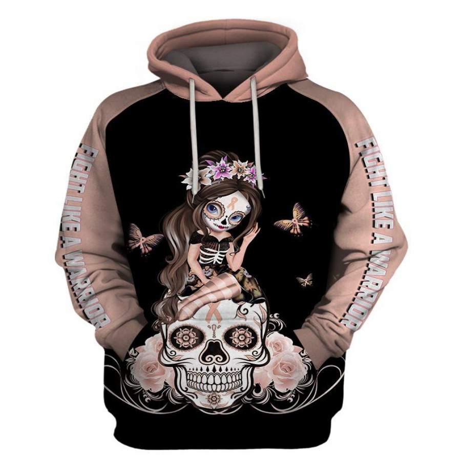 Fight Like A Warrior™ Peach Uterine Cancer Sugar Skull Girl Awareness Hoodie