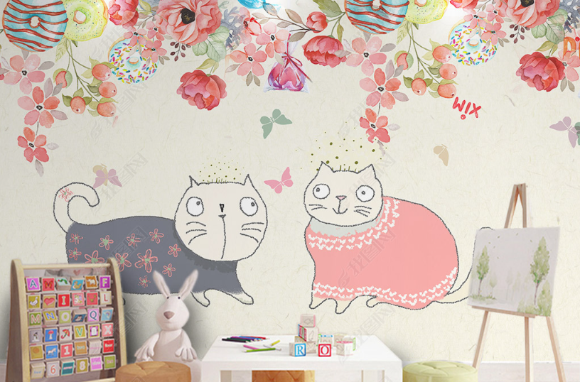 3D Hand Drawn Pink Floral Animal Cat Wall Mural Wallpaper Lqh 213