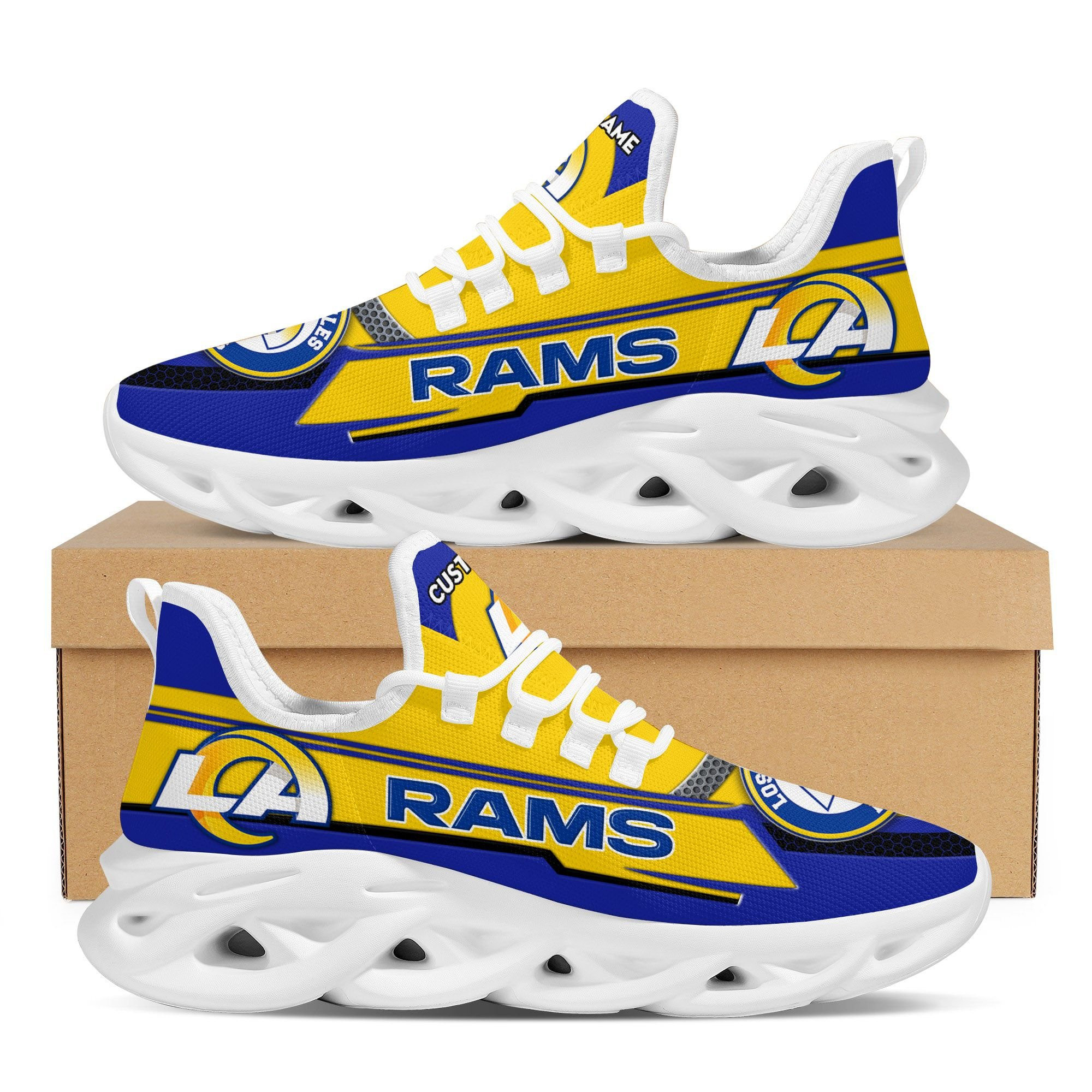 Los Angeles Ramsfootball Team Symbol Geometric Pattern Custom Name Personalized 3D All Over Print Max Soul Sneakers For Men And Women