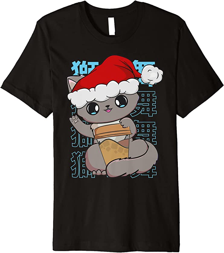 Christmas Coffee Cat Anime Kawaii Neko Cute Chibi Kitten Premium T-Shirt