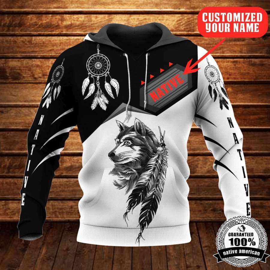 Native American Wolf & Dreamcatcher Black White Custom Name Hoodie 3D All over print #V