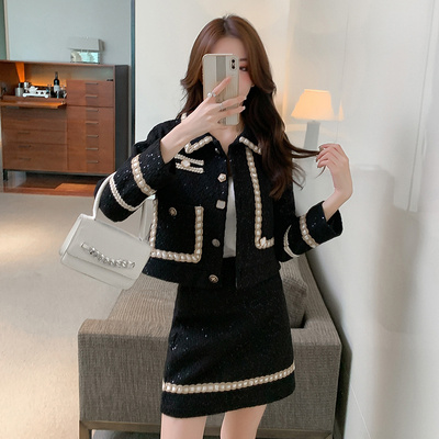 2021 Autumn New Ladies Elegant Tweed Button Short Coat Jacket A- Line Skirt Two-Piece Set Women’s Woolen Skirt Suit Outfits alx