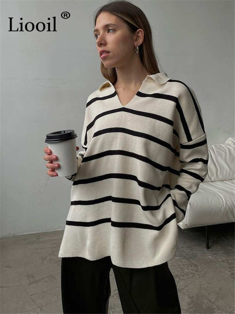 Women Striped Knit Sweater Pullovers Long Sleeve Loose Knitted Tops 2022 Autumn Streetwear V Neck Jumpers Female Baggy Sweaters alx