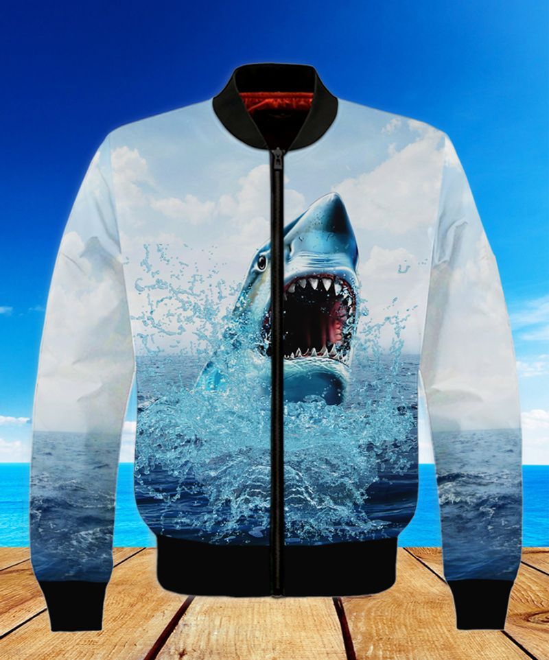 Aggressive Shark In The Ocean 3D Full Print Bomber