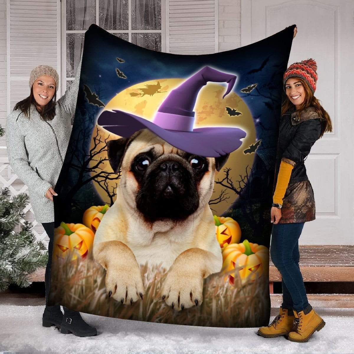 Pug Dog Witch Halloween Animal   Fleece Sherpa Blanket