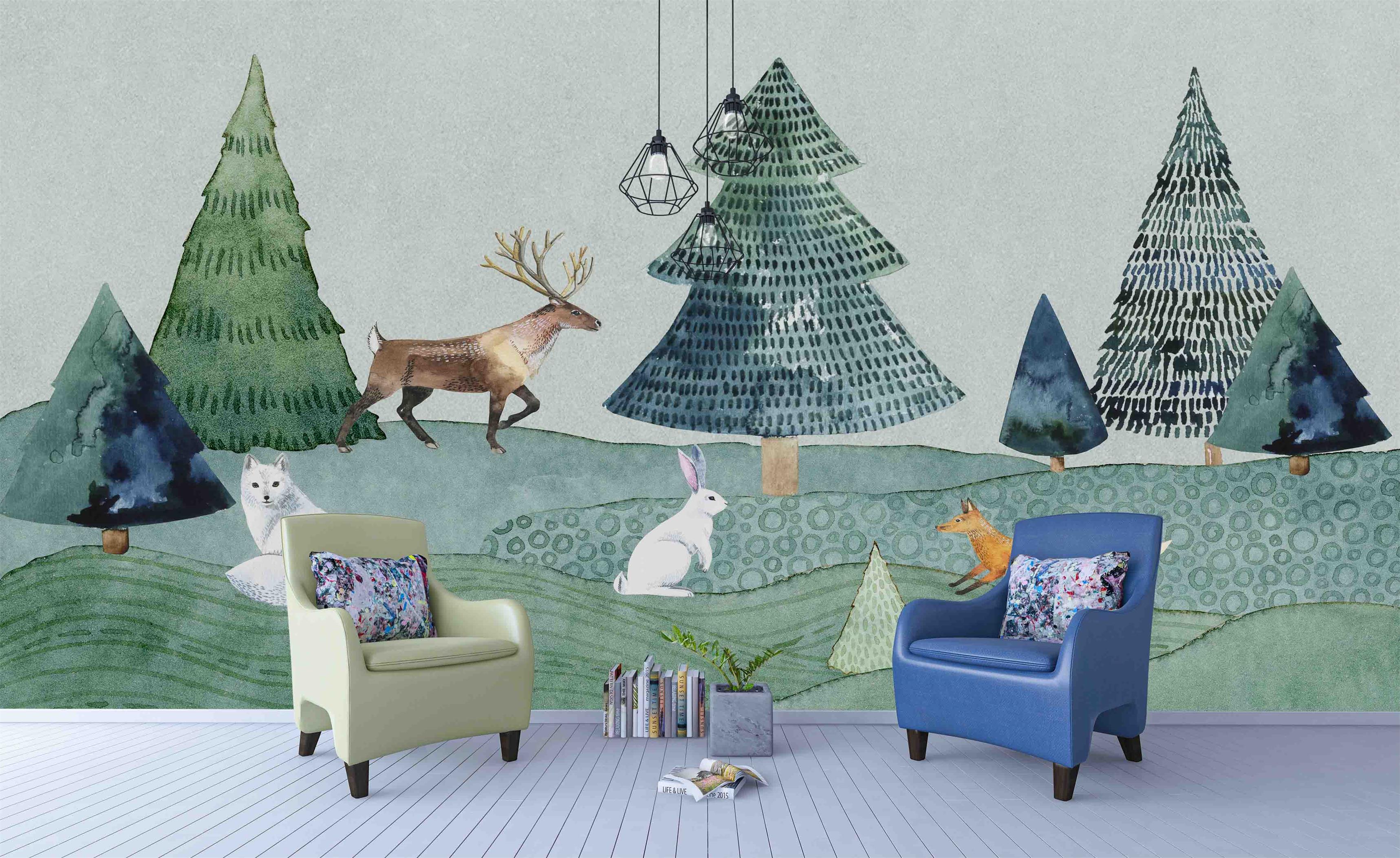 3D Trees Elk Rabbit Wall Mural Wallpaper Sf51