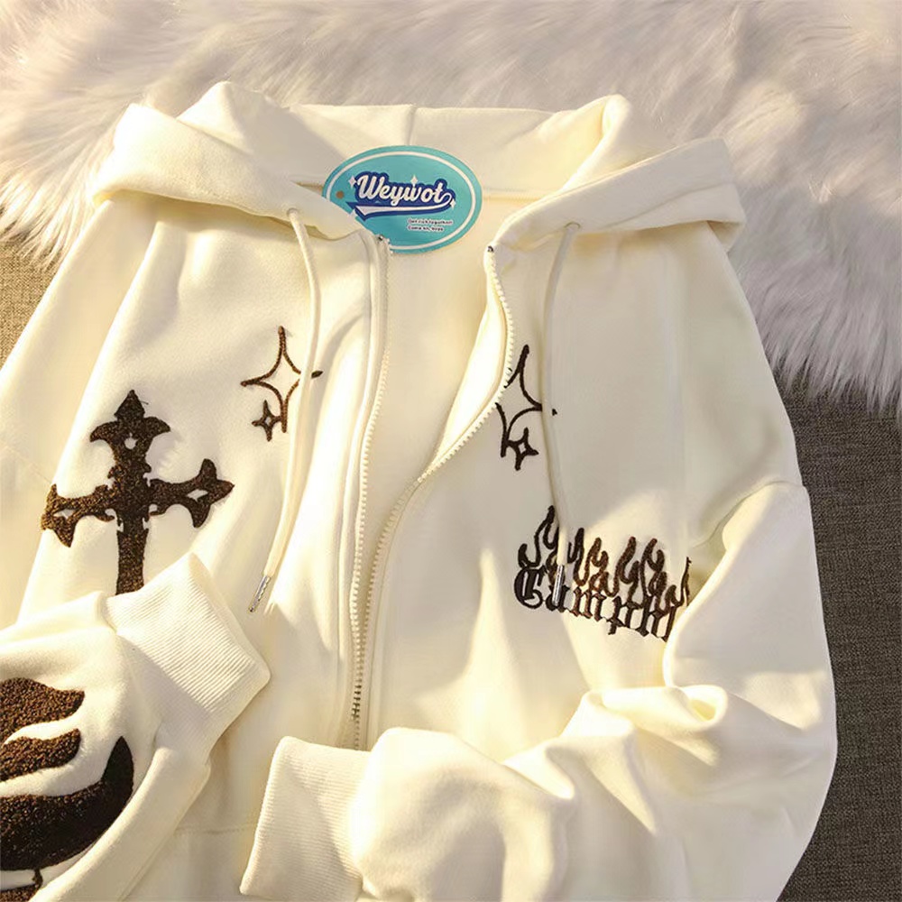 American Harajuku cartoon fun embroidery Y2K cardigan hooded sweater men and women street casual loose jacket hooded sweatshirt alx