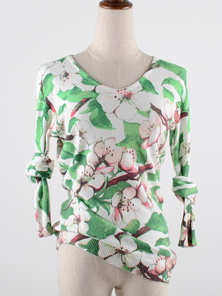 2022 Spring Autumn Green Floral Pullover Sweater Women Basic Print Knitwear V-neck Long Sleeve Elegant Lady High Elastic B-022 alx