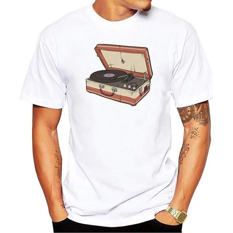 Men’s Fashion Vintage Record Player Print T-Shirt Cool Summer Top High Quality Casual T-Shirt