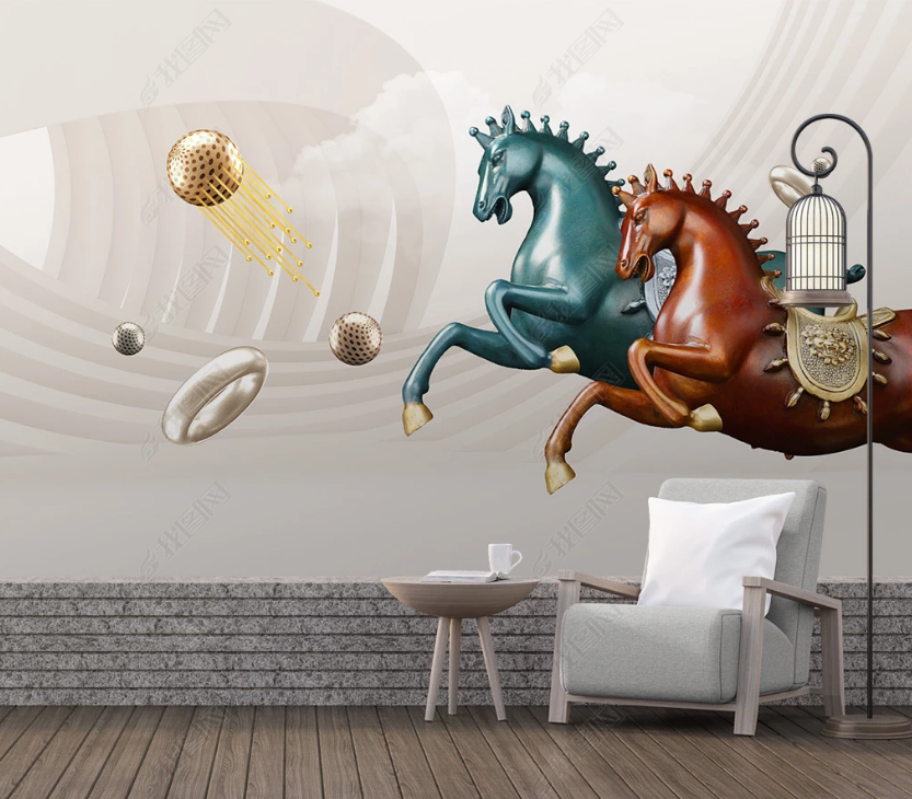 3D Abstract Sliver Ring Ceramic Horse Animal Background Wall Mural Wallpaper Lxl