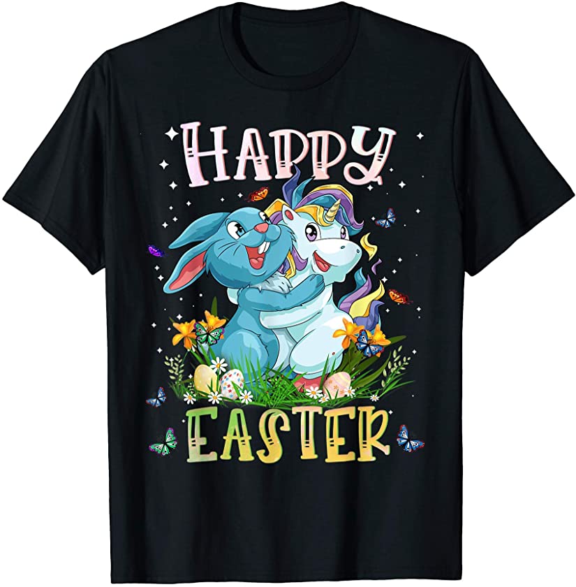 Cute Unicorn Hugs Bunny Happy Easter Day Girls Colorful Egg T-Shirt