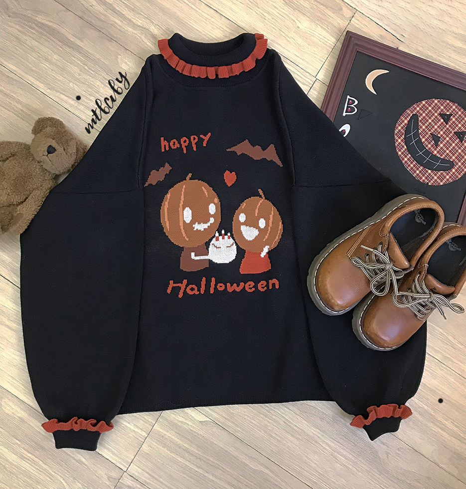 Autumn Winter Pumpkin’s Birthday Party Halloween Japanese Cute Lace Lazy Wind Loose Lantern Sleeve Sweater Black Yellow pullover alx