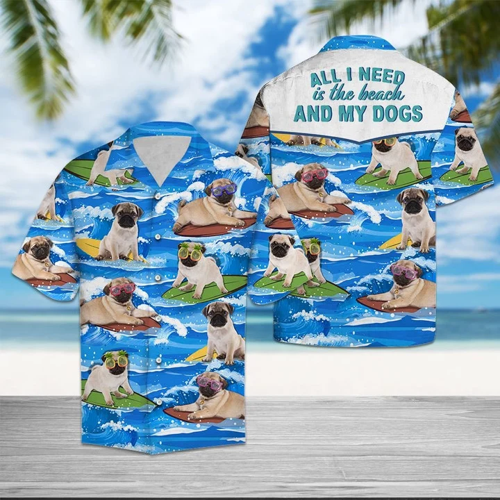 Waybackapparel All I Need Is Pug Beach Abd My Dogs Pattern 3D Hawaiian Shirt