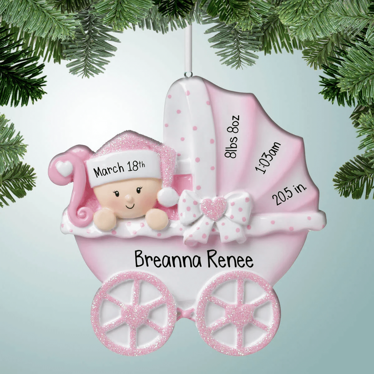 Buggy Baby With Bow – Girl – Christmas Ornaments – 1St Christmas Baby Girl – New Baby – Baby Carriage – Baby Buggy