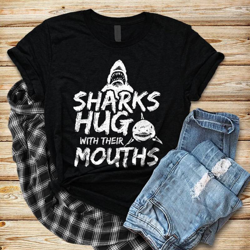 Crushtee Sharks Hug With Their Mouth, Shirt, Tank Top, Shark Shirt, Great White Shark, Shark Birthday Gift, Shark Week, Marine Biologist, Sharks Long Sleeve Hoodie