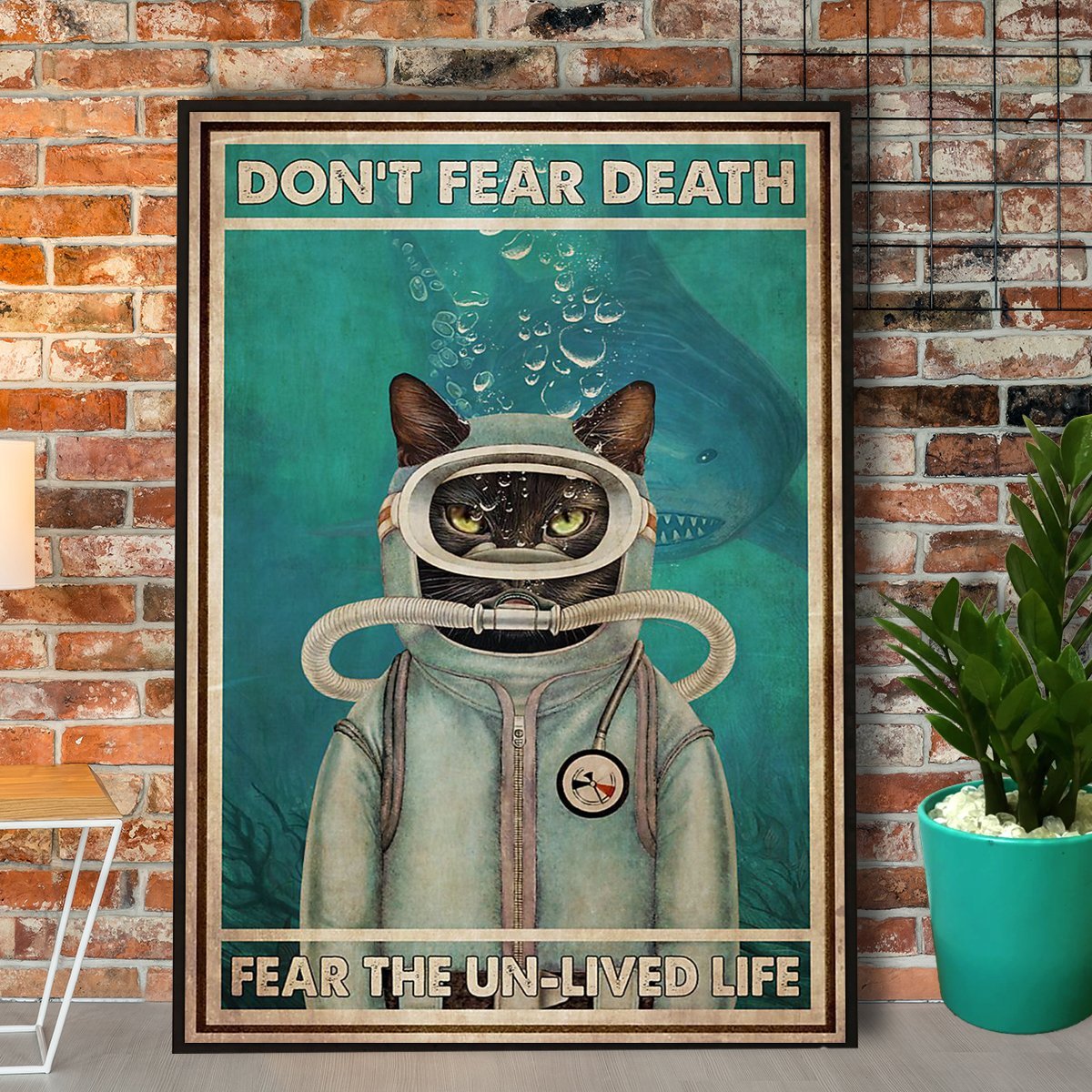 Cat And Shark Diving Fear The Un-Lived Life Canvas Poster Wall Art